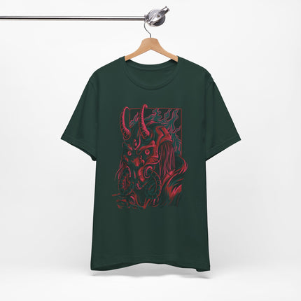 Oni Demon Samurai Unisex T-Shirt – Cyberpunk Alt Streetwear, Japanese Punk Rock Mask, Unique Goth Metal Neon Tee