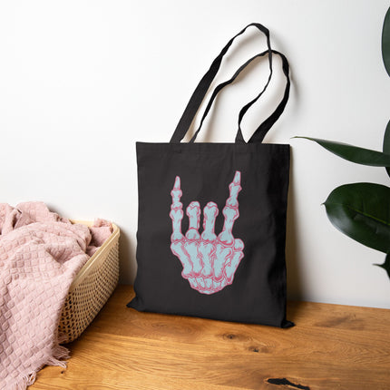 Horns Up Skeleton Tote Bag – Punk, Metal, Goth & Alt Style Canvas Shopper, Unique Shopping Accessory