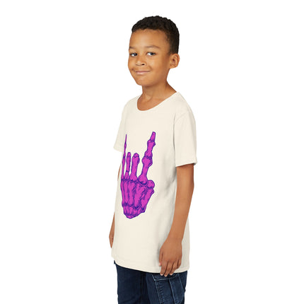 Rock On Bones Unisex Kids Tee - Fun Skeleton Hand, Casual Style, Cool Music Graphic Tee for Youth Rockers & Metal Fans – 9 Colors