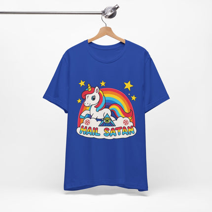 Rainbow 'Hail Satan' Unicorn T-Shirt – Cute Pastel Goth, Punk, Rocker & Alt Graphic Tee, Perfect for lovers of different