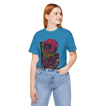 Cyberpunk Skull Unisex T-Shirt - Neon Sci-Fi Alt Skull Streetwear, Punk Rock Skeleton Graphic, Unique Goth Metal Neon Tee