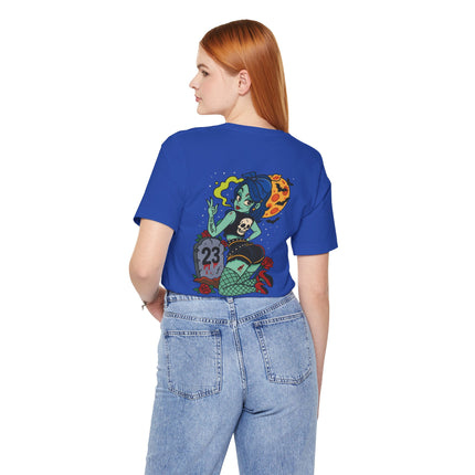 Graveyard Glamour Unisex T-Shirt – Rockabilly Gothic Pin-Up Art Tee, Dark Vintage Cemetery Girl Meets Pinup Zombie