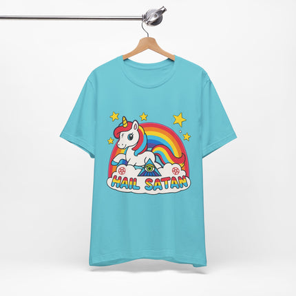 Rainbow 'Hail Satan' Unicorn T-Shirt – Cute Pastel Goth, Punk, Rocker & Alt Graphic Tee, Perfect for lovers of different
