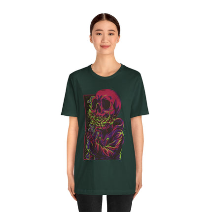 Cyberpunk Skull Unisex T-Shirt - Neon Sci-Fi Alt Skull Streetwear, Punk Rock Skeleton Graphic, Unique Goth Metal Neon Tee