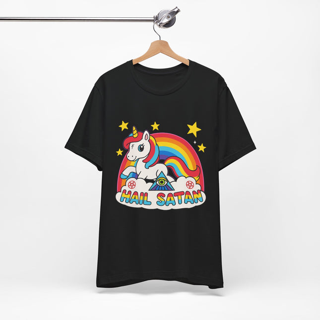 Rainbow 'Hail Satan' Unicorn T-Shirt – Cute Pastel Goth, Punk, Rocker & Alt Graphic Tee, Perfect for lovers of different