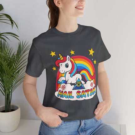 Rainbow 'Hail Satan' Unicorn T-Shirt – Cute Pastel Goth, Punk, Rocker & Alt Graphic Tee, Perfect for lovers of different