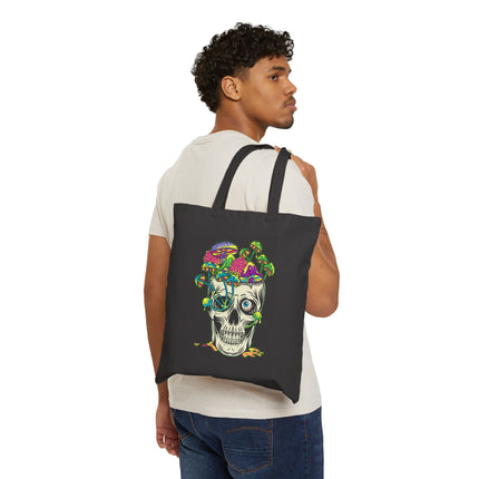 Mushroom Skull Canvas Tote Bag - Cute Gothic Punk Graphic, Kawaii Alt Aesthetic Shopper, Rocker and Metalhead friendly