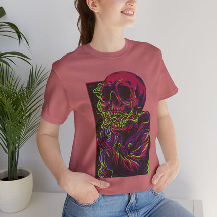 Cyberpunk Skull Unisex T-Shirt - Neon Sci-Fi Alt Skull Streetwear, Punk Rock Skeleton Graphic, Unique Goth Metal Neon Tee