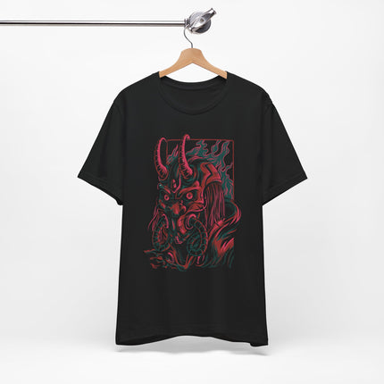 Oni Demon Samurai Unisex T-Shirt – Cyberpunk Alt Streetwear, Japanese Punk Rock Mask, Unique Goth Metal Neon Tee