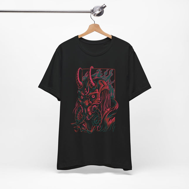 Oni Demon Samurai Unisex T-Shirt – Cyberpunk Alt Streetwear, Japanese Punk Rock Mask, Unique Goth Metal Neon Tee