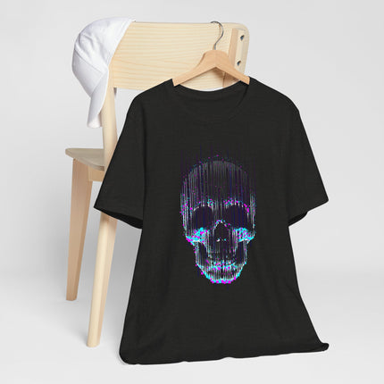Digital Distortion Skull Unisex T-Shirt – Neon Glitch Skull Design Perfect for Rockers, Metalheads, Goth, Punk & Alt Lovers