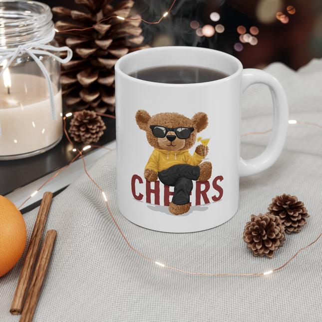Cheers Teddy Bear Cool Cat Ceramic Coffee Mug 11oz