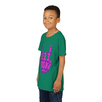 Rock On Bones Unisex Kids Tee - Fun Skeleton Hand, Casual Style, Cool Music Graphic Tee for Youth Rockers & Metal Fans – 9 Colors