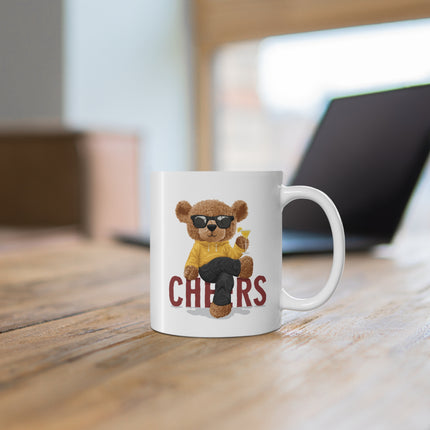 Cheers Teddy Bear Cool Cat Ceramic Coffee Mug 11oz