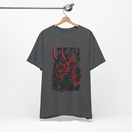 Oni Demon Samurai Unisex T-Shirt – Cyberpunk Alt Streetwear, Japanese Punk Rock Mask, Unique Goth Metal Neon Tee