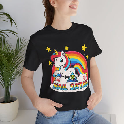 Rainbow 'Hail Satan' Unicorn T-Shirt – Cute Pastel Goth, Punk, Rocker & Alt Graphic Tee, Perfect for lovers of different