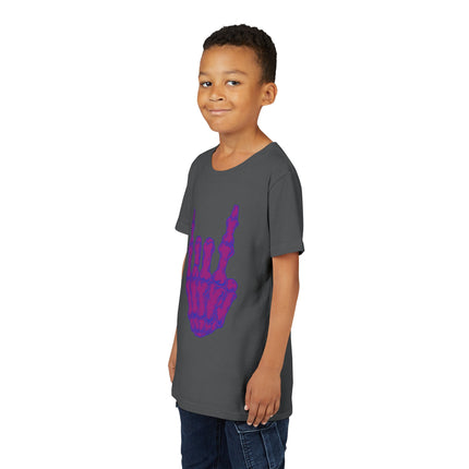 Rock On Bones Unisex Kids Tee - Fun Skeleton Hand, Casual Style, Cool Music Graphic Tee for Youth Rockers & Metal Fans – 9 Colors