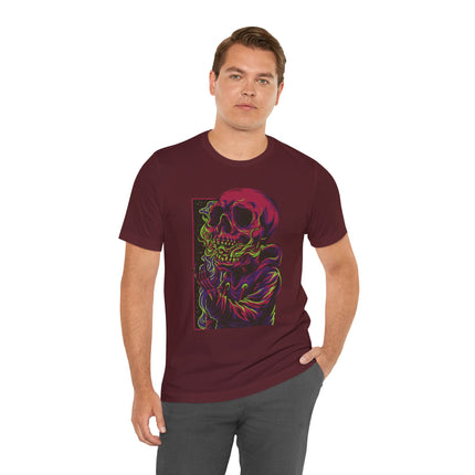 Cyberpunk Skull Unisex T-Shirt - Neon Sci-Fi Alt Skull Streetwear, Punk Rock Skeleton Graphic, Unique Goth Metal Neon Tee
