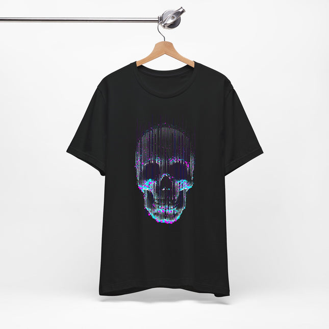 Digital Distortion Skull Unisex T-Shirt – Neon Glitch Skull Design Perfect for Rockers, Metalheads, Goth, Punk & Alt Lovers