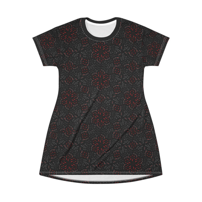 Midnight Bloom T-Shirt Dress – Cute Punk Kawaii Pattern, Black and Red Gothic Floral Print, Alt Unique Halloween Shirt Mini