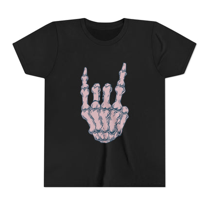 Rock On Bones Unisex Kids Tee - Fun Skeleton Hand, Casual Style, Cool Music Graphic Tee for Youth Rockers & Metal Fans – 9 Colors