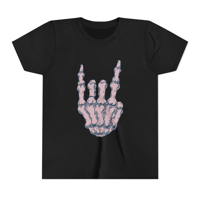 Rock On Bones Unisex Kids Tee - Fun Skeleton Hand, Casual Style, Cool Music Graphic Tee for Youth Rockers & Metal Fans – 9 Colors
