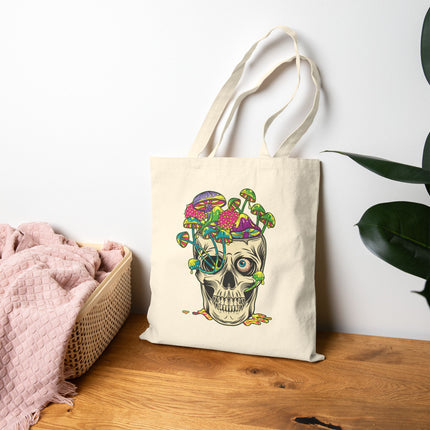 Mushroom Skull Canvas Tote Bag - Cute Gothic Punk Graphic, Kawaii Alt Aesthetic Shopper, Rocker and Metalhead friendly