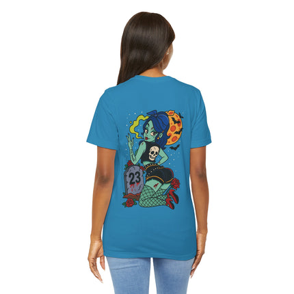 Graveyard Glamour Unisex T-Shirt – Rockabilly Gothic Pin-Up Art Tee, Dark Vintage Cemetery Girl Meets Pinup Zombie
