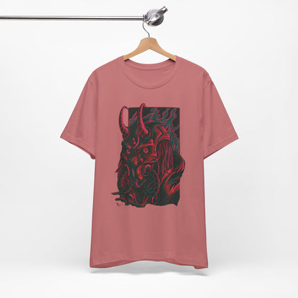 Oni Demon Samurai Unisex T-Shirt – Cyberpunk Alt Streetwear, Japanese Punk Rock Mask, Unique Goth Metal Neon Tee