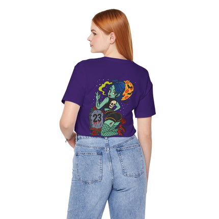 Graveyard Glamour Unisex T-Shirt – Rockabilly Gothic Pin-Up Art Tee, Dark Vintage Cemetery Girl Meets Pinup Zombie