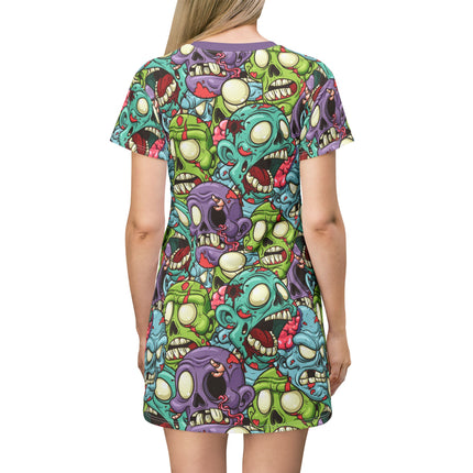 ZombieHead Shirt Dress – A-Line Gothic Punk Horror Cute, Colorful Zombie Skull Print, Alt Unique Halloween Outfit