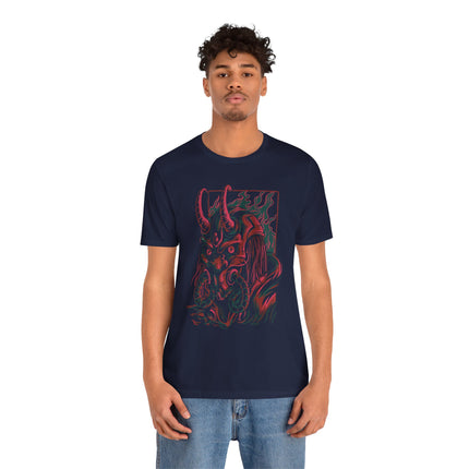Oni Demon Samurai Unisex T-Shirt – Cyberpunk Alt Streetwear, Japanese Punk Rock Mask, Unique Goth Metal Neon Tee