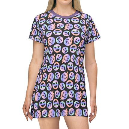 Emoji Mania T-Shirt Dress – A-Line Smiley Frowney Face, Gothic Punk Creepy CuteStreetwear, Neon Kawaii Grunge Print, Alt Edgy Outfit