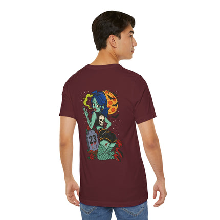 Graveyard Glamour Unisex T-Shirt – Rockabilly Gothic Pin-Up Art Tee, Dark Vintage Cemetery Girl Meets Pinup Zombie