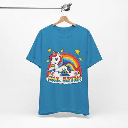 Rainbow 'Hail Satan' Unicorn T-Shirt – Cute Pastel Goth, Punk, Rocker & Alt Graphic Tee, Perfect for lovers of different