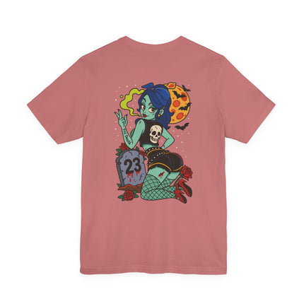 Graveyard Glamour Unisex T-Shirt – Rockabilly Gothic Pin-Up Art Tee, Dark Vintage Cemetery Girl Meets Pinup Zombie