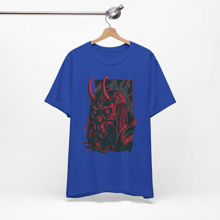 Oni Demon Samurai Unisex T-Shirt – Cyberpunk Alt Streetwear, Japanese Punk Rock Mask, Unique Goth Metal Neon Tee