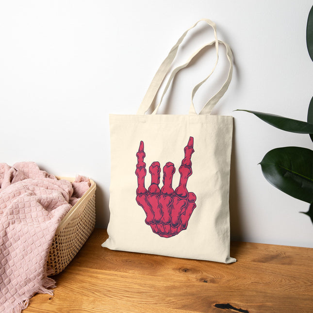 Horns Up Skeleton Tote Bag – Punk, Metal, Goth & Alt Style Canvas Shopper, Unique Shopping Accessory