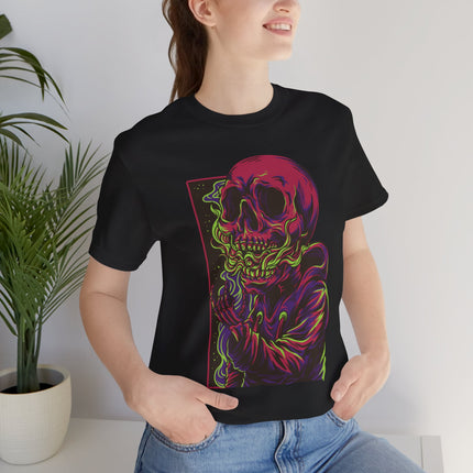 Cyberpunk Skull Unisex T-Shirt - Neon Sci-Fi Alt Skull Streetwear, Punk Rock Skeleton Graphic, Unique Goth Metal Neon Tee