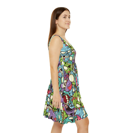 ZombieHead Skater Dress - Cute Skull Zombie Print, Punk Goth Alt Kawaii Horror, Strange Weird Pretty Outfit