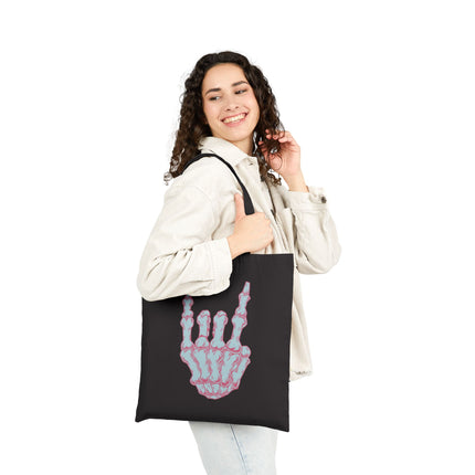 Horns Up Skeleton Tote Bag – Punk, Metal, Goth & Alt Style Canvas Shopper, Unique Shopping Accessory