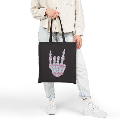 Horns Up Skeleton Tote Bag – Punk, Metal, Goth & Alt Style Canvas Shopper, Unique Shopping Accessory