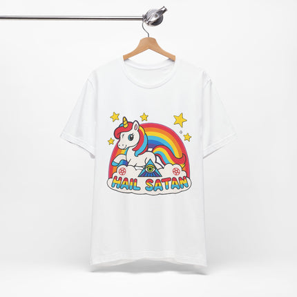 Rainbow 'Hail Satan' Unicorn T-Shirt – Cute Pastel Goth, Punk, Rocker & Alt Graphic Tee, Perfect for lovers of different