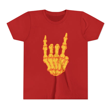 Rock On Bones Unisex Kids Tee - Fun Skeleton Hand, Casual Style, Cool Music Graphic Tee for Youth Rockers & Metal Fans – 9 Colors